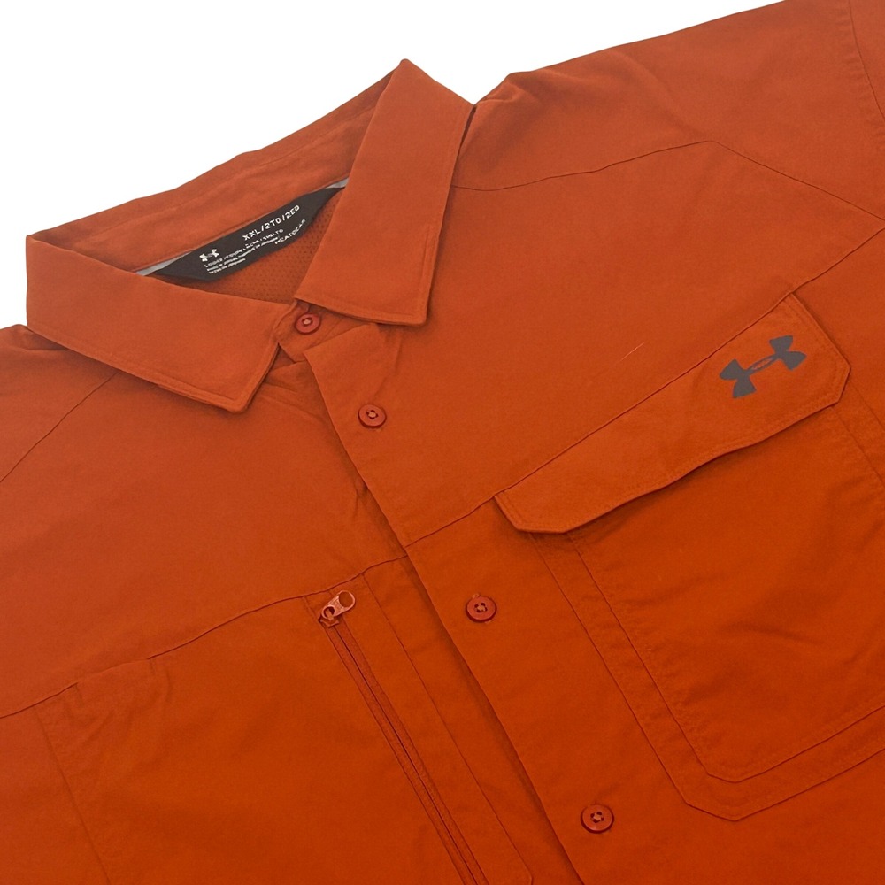 Under Armour Fish Hunter Shirt Mens XXL Orange Short Sleeve Button Up HeatGear